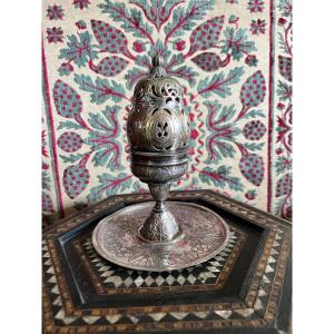 Ottoman Incense Burner In Silver-plated Copper, 19th Century