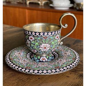 TASSES ET SOUS TASSE ARGENT MASSIF CLOISONNÉ RUSSE