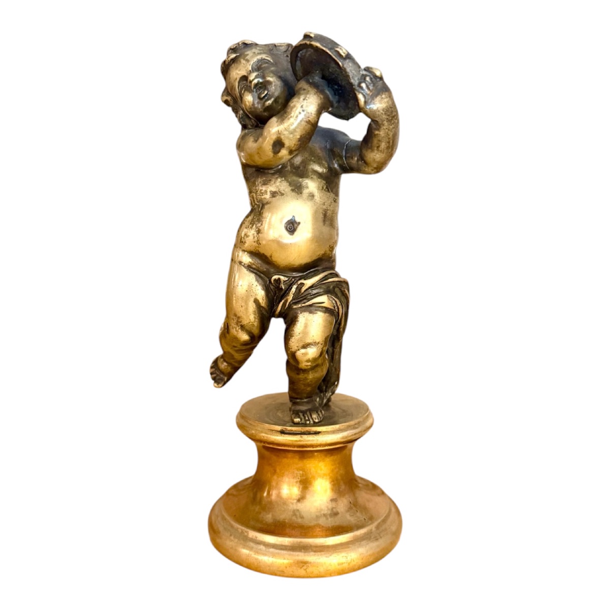 Antique Gilded Bronze Statue Of A Cherub With A Tambourine – Signed Clodion / Georges-photo-2
