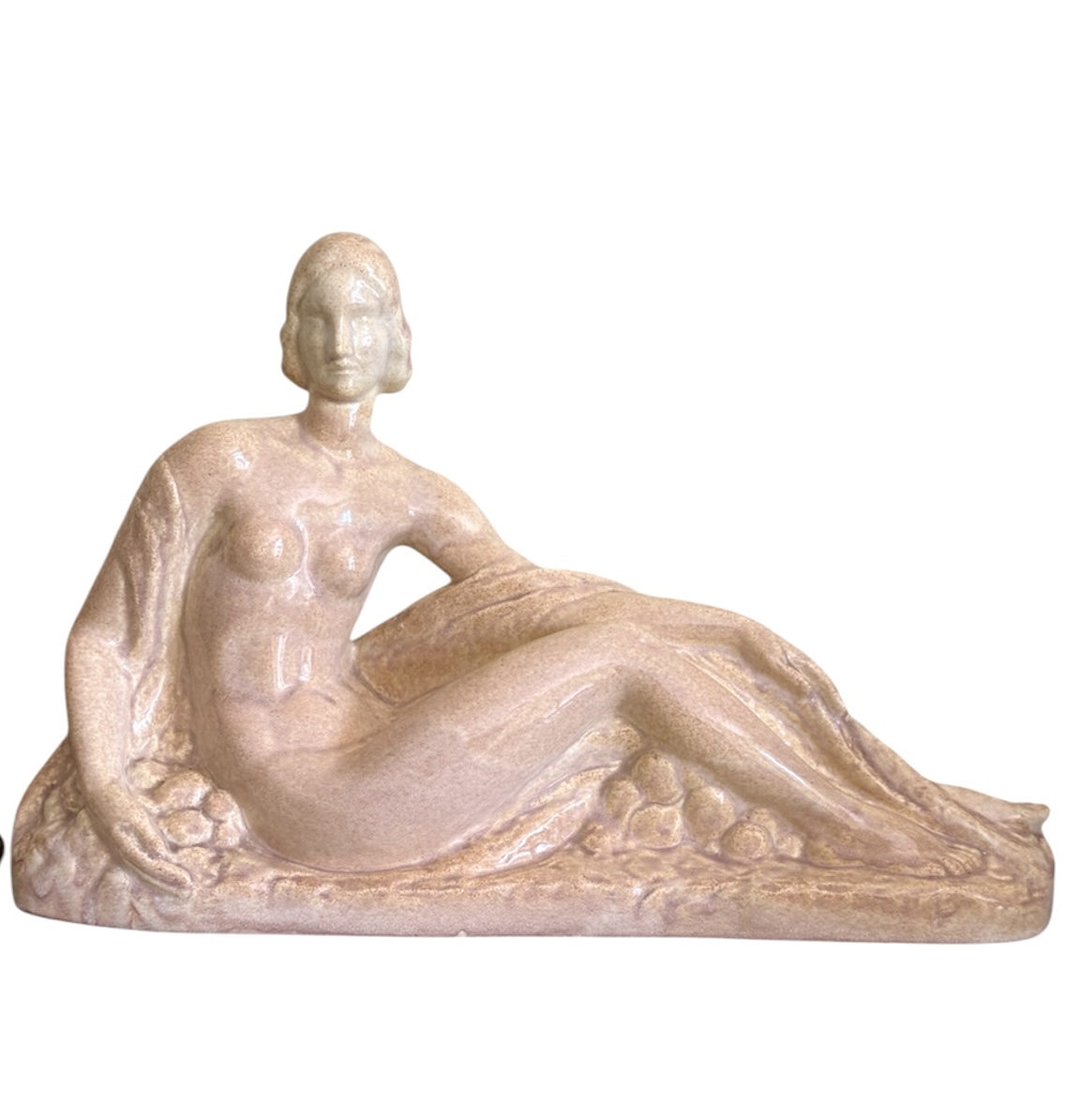 Large Art Deco Ceramic Statue Of A Reclining Nude Woman, Signed By Odyv