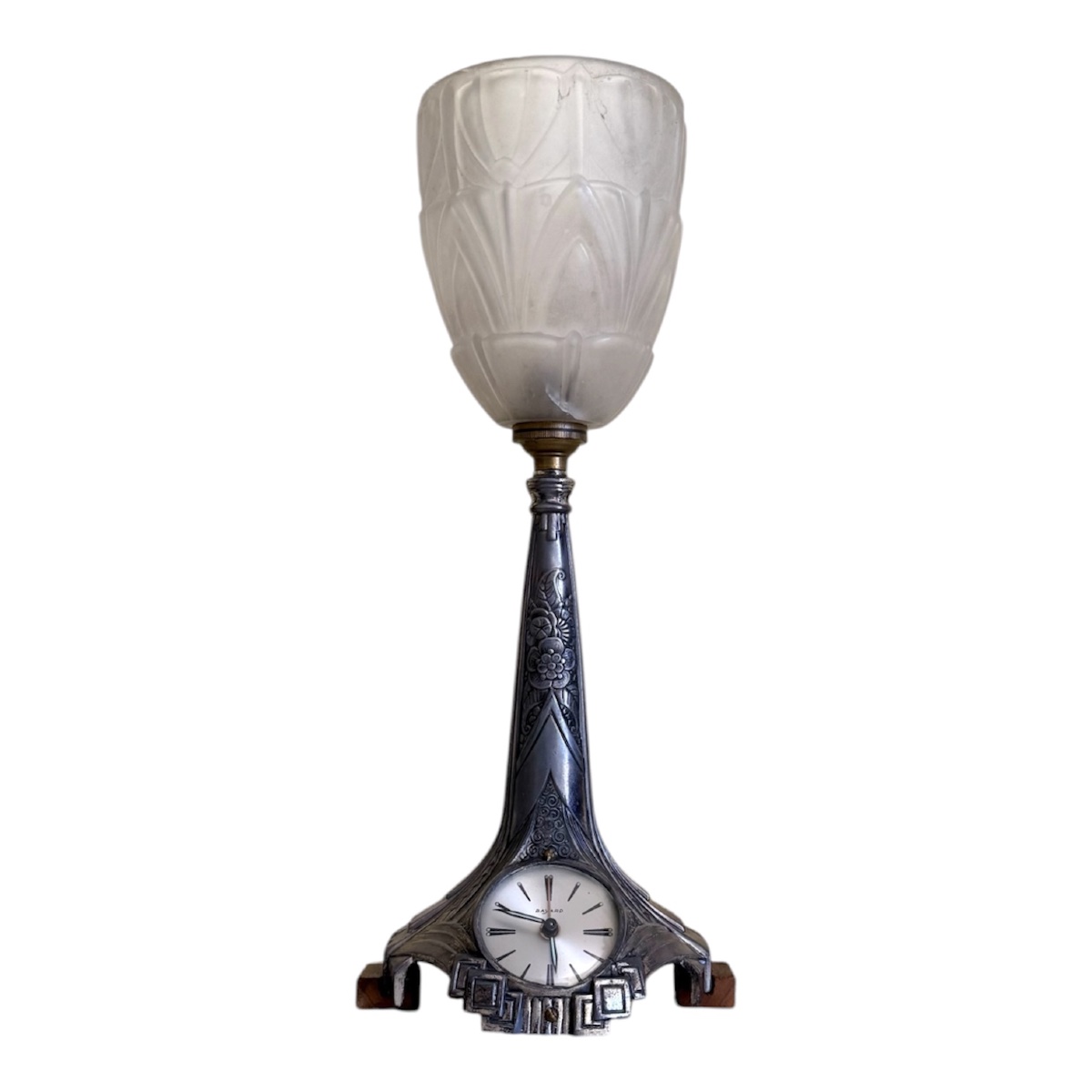 Art Deco Night Light And Clock – Signed Bayard – Frosted Glass Tulip Shade