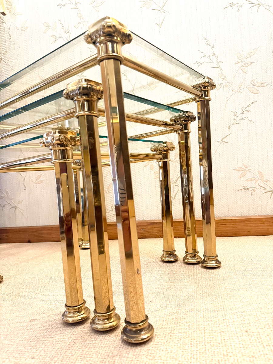 Maison Lancel Hollywood Regency-style Nesting Tables – Brass And Glass – 1970s/1980s -photo-3