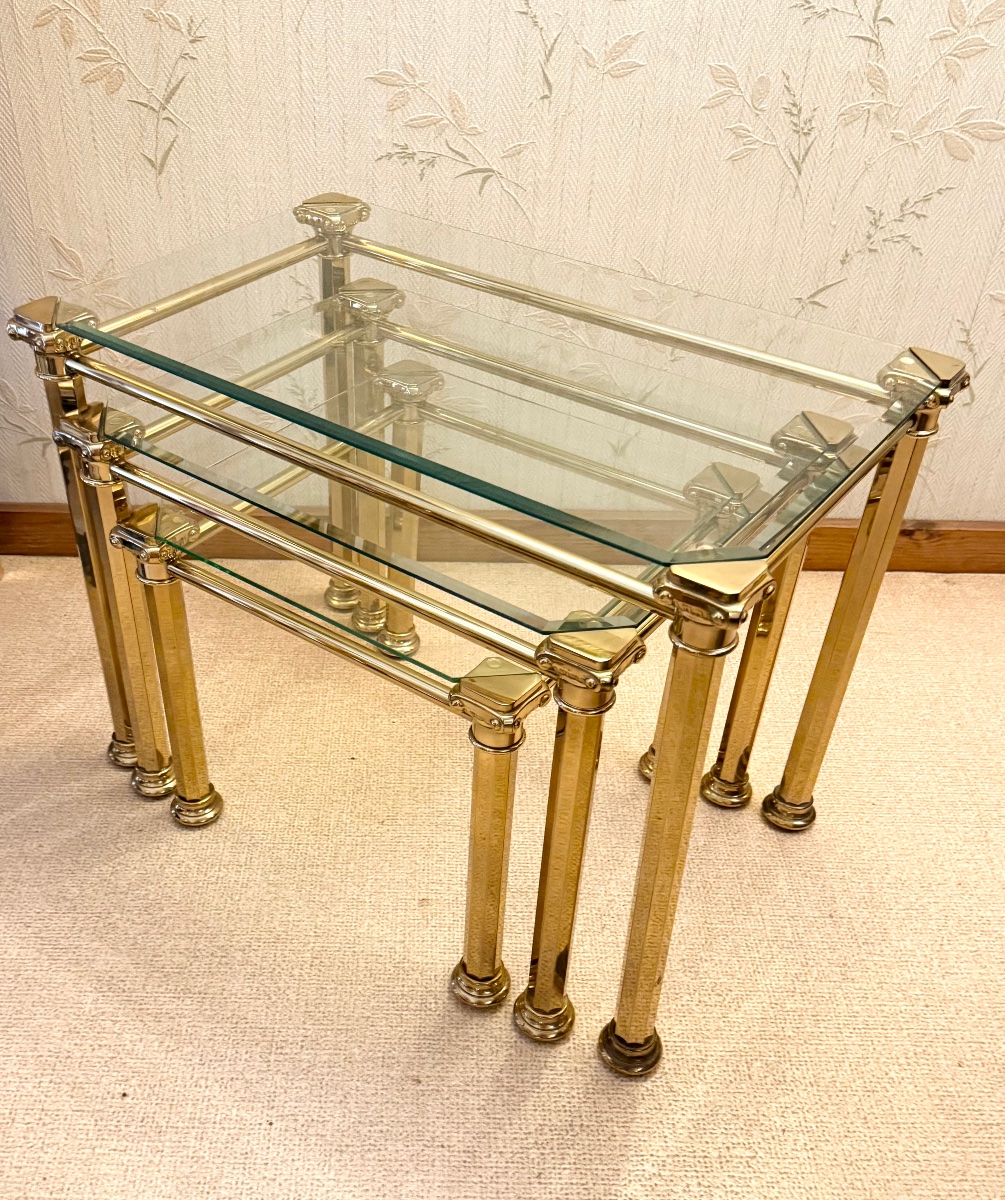 Maison Lancel Hollywood Regency-style Nesting Tables – Brass And Glass – 1970s/1980s -photo-2