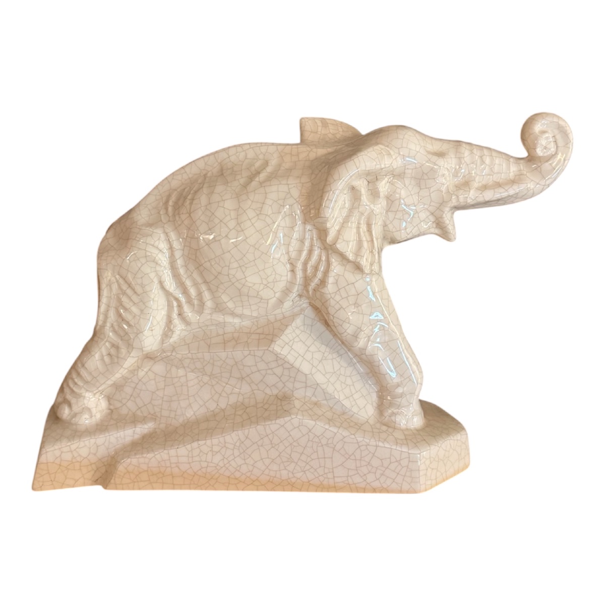 Art Deco Elephant Sculpture – émaux De Louvière (boch Frères) – Crackled Ceramic-photo-3