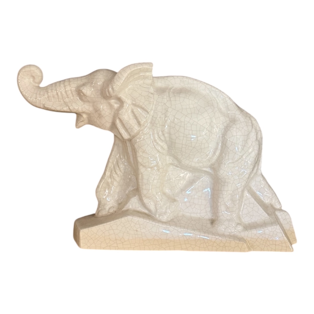 Art Deco Elephant Sculpture – émaux De Louvière (boch Frères) – Crackled Ceramic