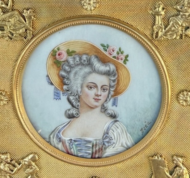 Cadre en Bronze Doré Louis XVI avec Miniature de Marie-Antoinette - Signé-photo-2