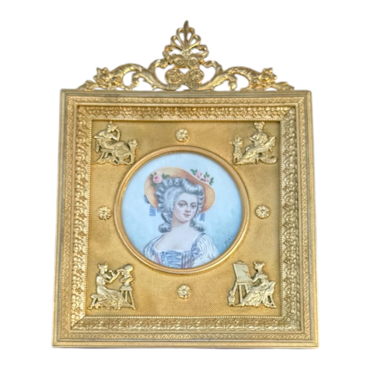 Cadre en Bronze Doré Louis XVI avec Miniature de Marie-Antoinette - Signé-photo-1
