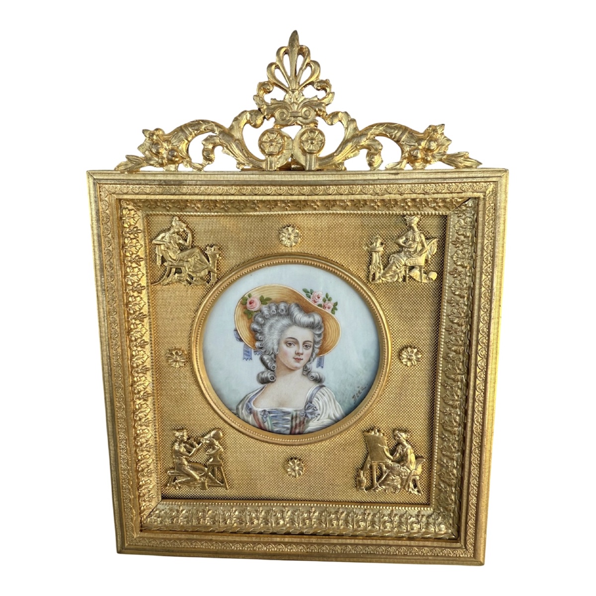 Cadre en Bronze Doré Louis XVI avec Miniature de Marie-Antoinette - Signé