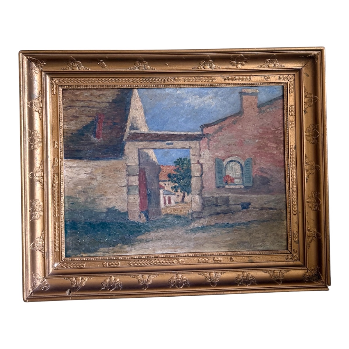 Tableau XIXe/XXe - Scène Rurale Cour de Ferme - Huile sur Carton Pochade Se