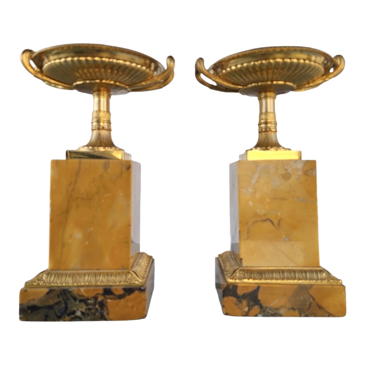 Paire de Coupes / Tazzas de Style Empire – Bronze Doré et Marbre Jaune de Sienne – XIXe Siècle-photo-3