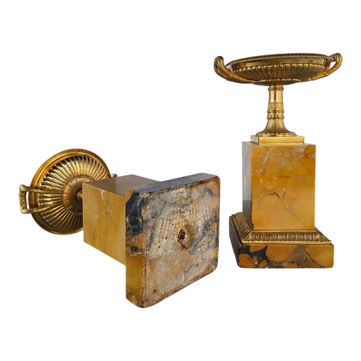 Paire de Coupes / Tazzas de Style Empire – Bronze Doré et Marbre Jaune de Sienne – XIXe Siècle-photo-1