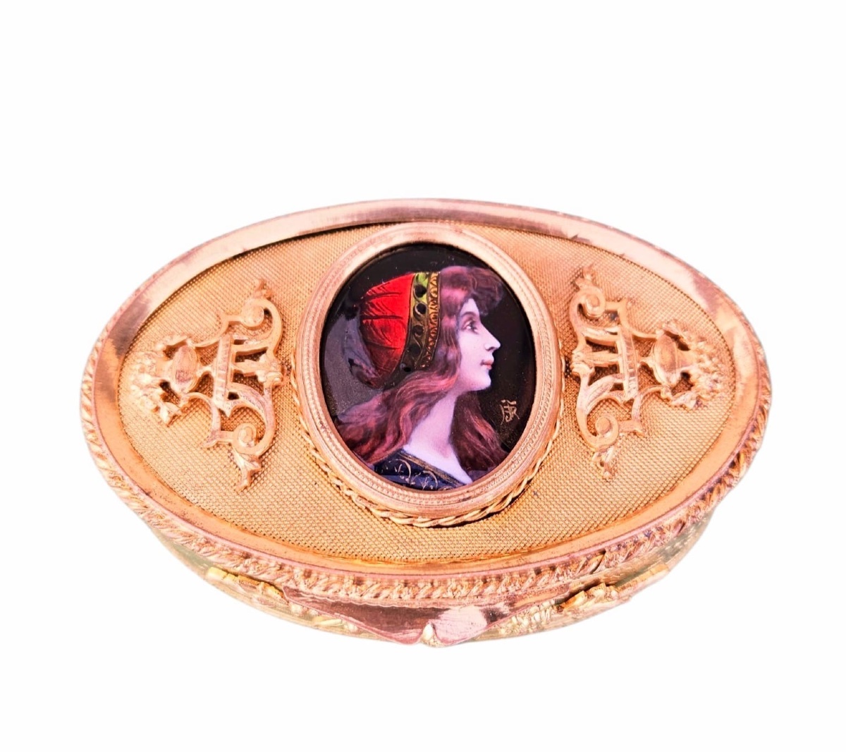 Oval Box In Gilded Brass And Enamel – Portrait Of A Woman In Profile – Napoleon III Style / Art Nouveau-photo-2