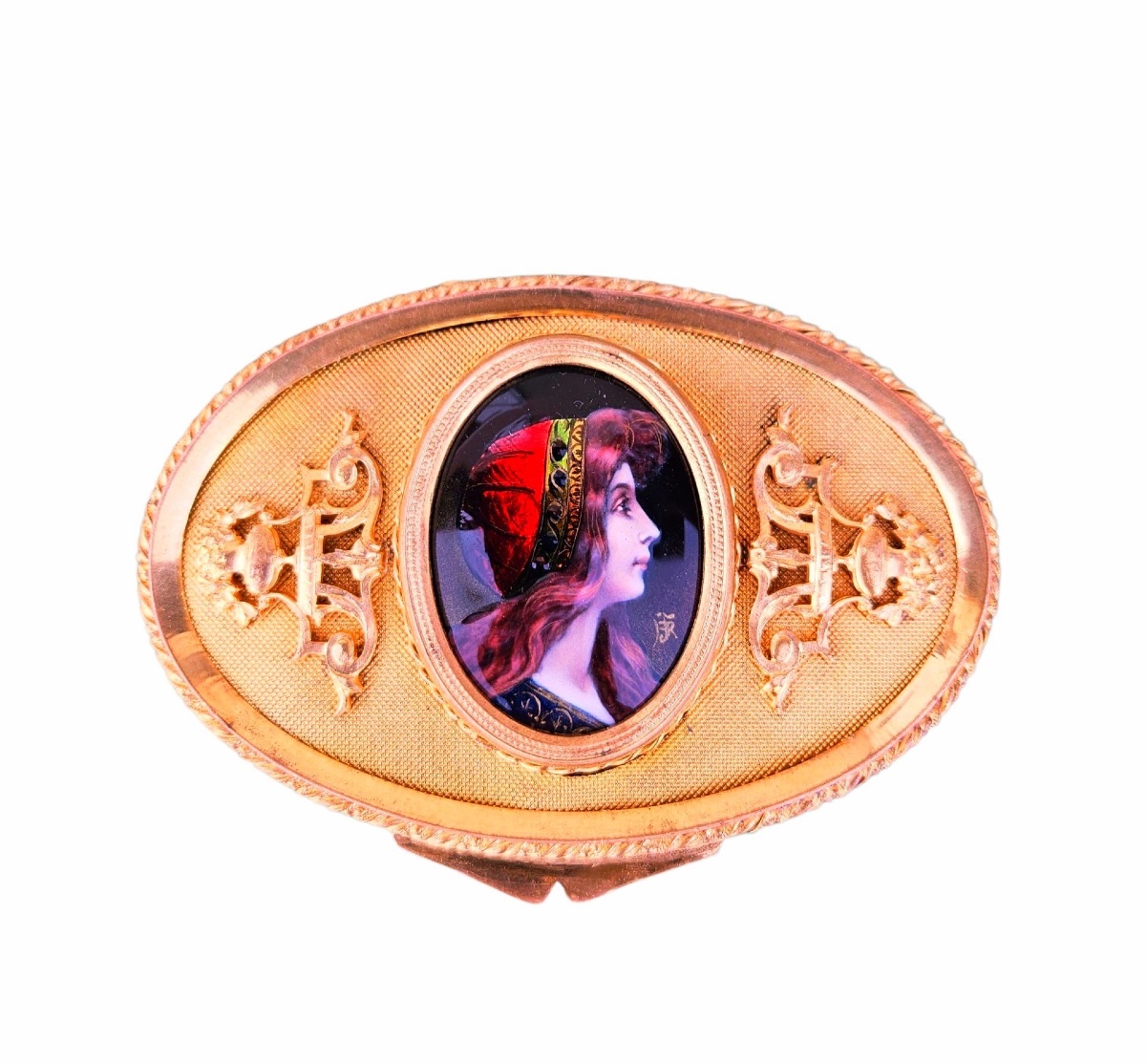 Oval Box In Gilded Brass And Enamel – Portrait Of A Woman In Profile – Napoleon III Style / Art Nouveau-photo-3