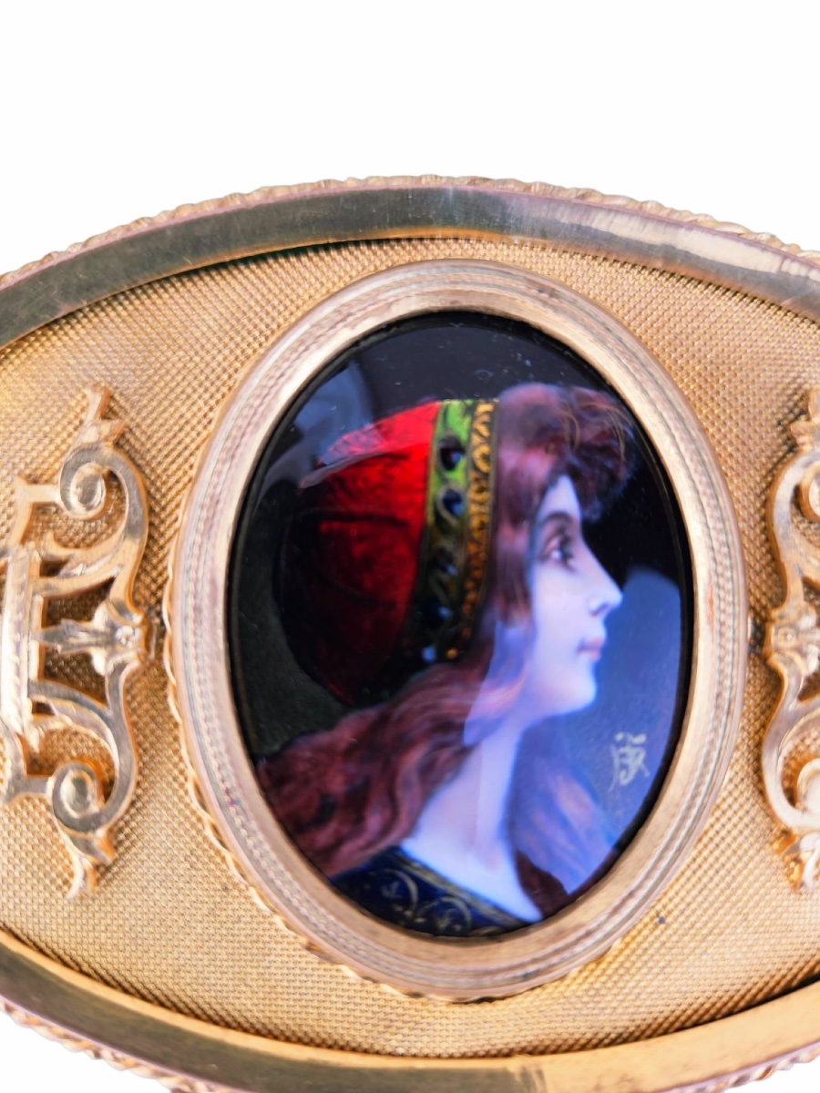Oval Box In Gilded Brass And Enamel – Portrait Of A Woman In Profile – Napoleon III Style / Art Nouveau-photo-4