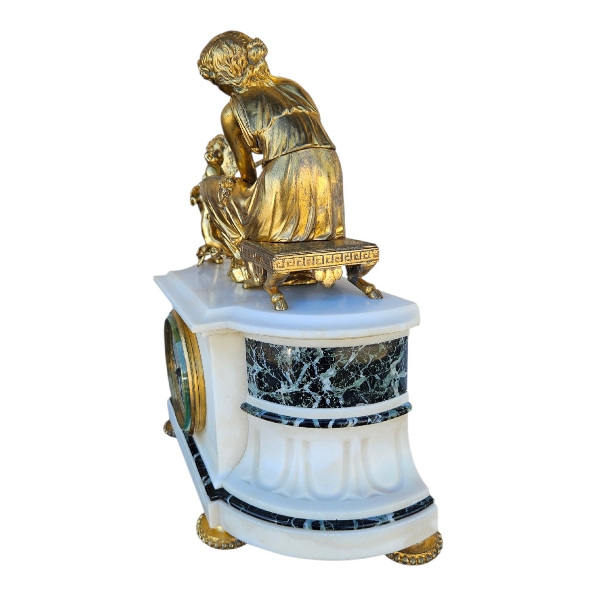 Pendule d'époque Restauration en bronze doré, marbre blanc et vert de mer – Signé-photo-1