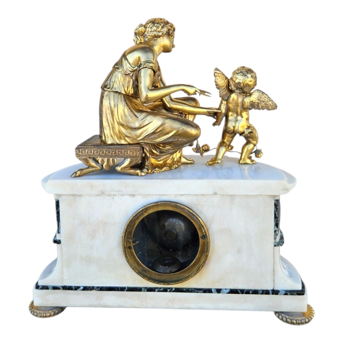 Pendule d'époque Restauration en bronze doré, marbre blanc et vert de mer – Signé-photo-4