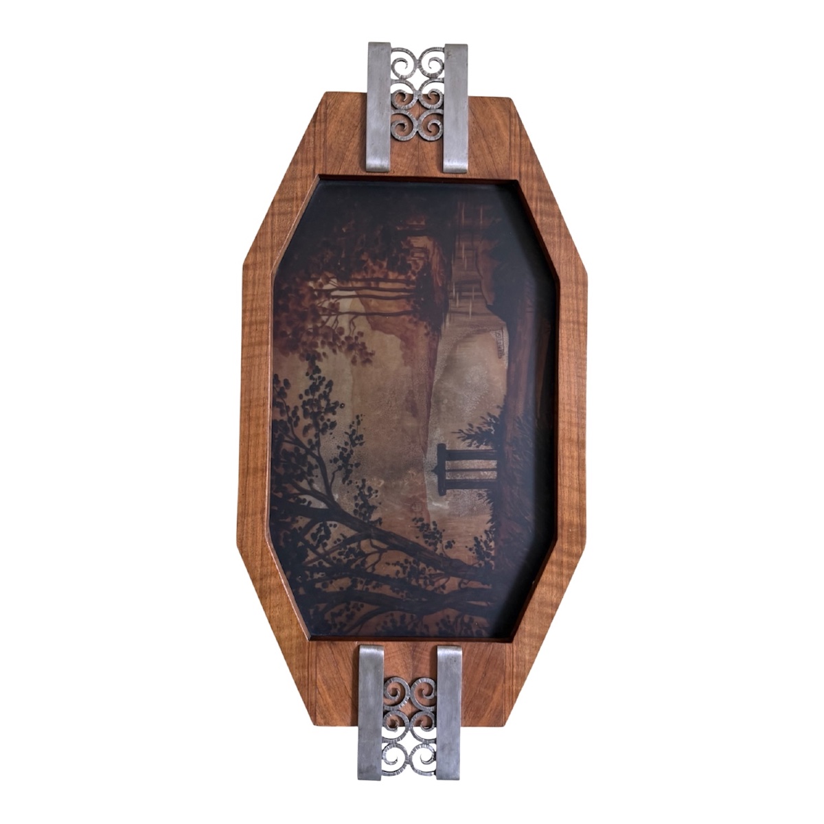 Art Deco Wood And Wrought Iron Tray With Landscape Design, Signed "lemonde," 1930-photo-2