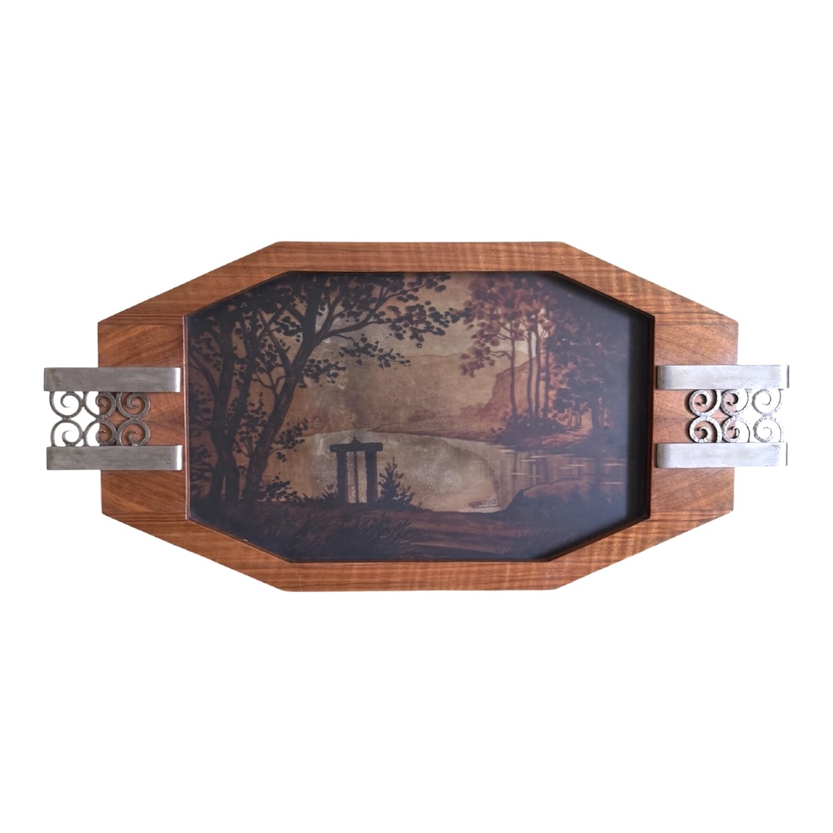 Art Deco Wood And Wrought Iron Tray With Landscape Design, Signed "lemonde," 1930-photo-4