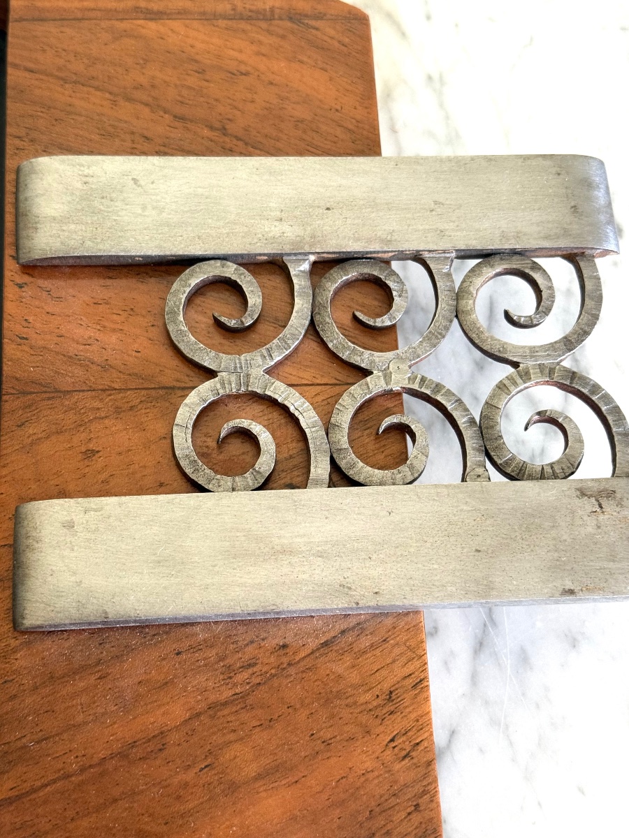 Art Deco Wood And Wrought Iron Tray With Landscape Design, Signed "lemonde," 1930-photo-2