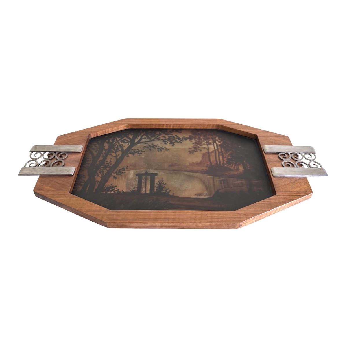 Art Deco Wood And Wrought Iron Tray With Landscape Design, Signed "lemonde," 1930