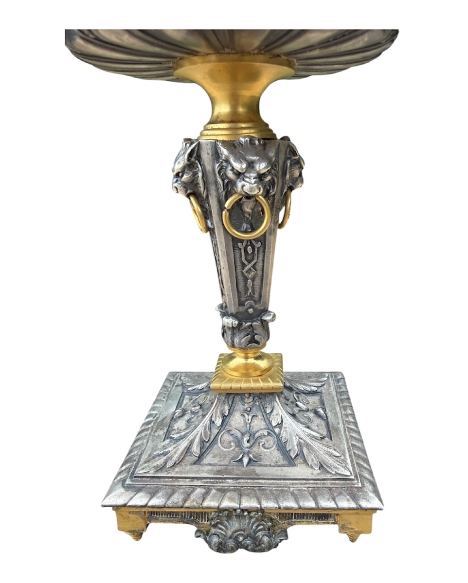 Neoclassical Goblet On A Pedestal, In Gilded And Silver-plated Bronze—signed L. Oudry And Faraoni-photo-1