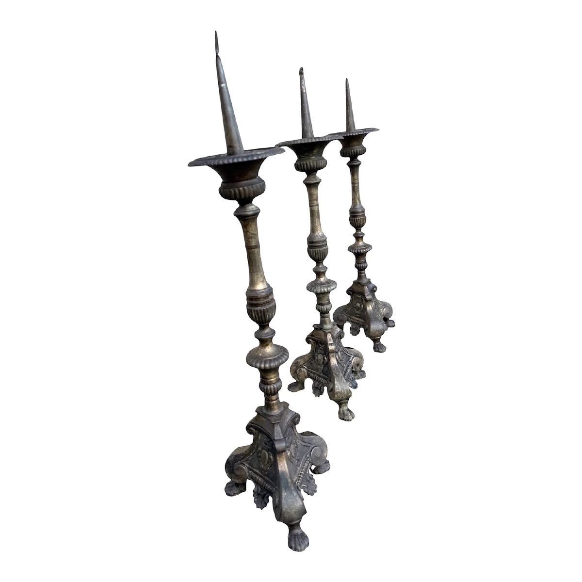 A Significant Set Of 3 Large Bronze Church Candlesticks - Baroque Style-photo-4