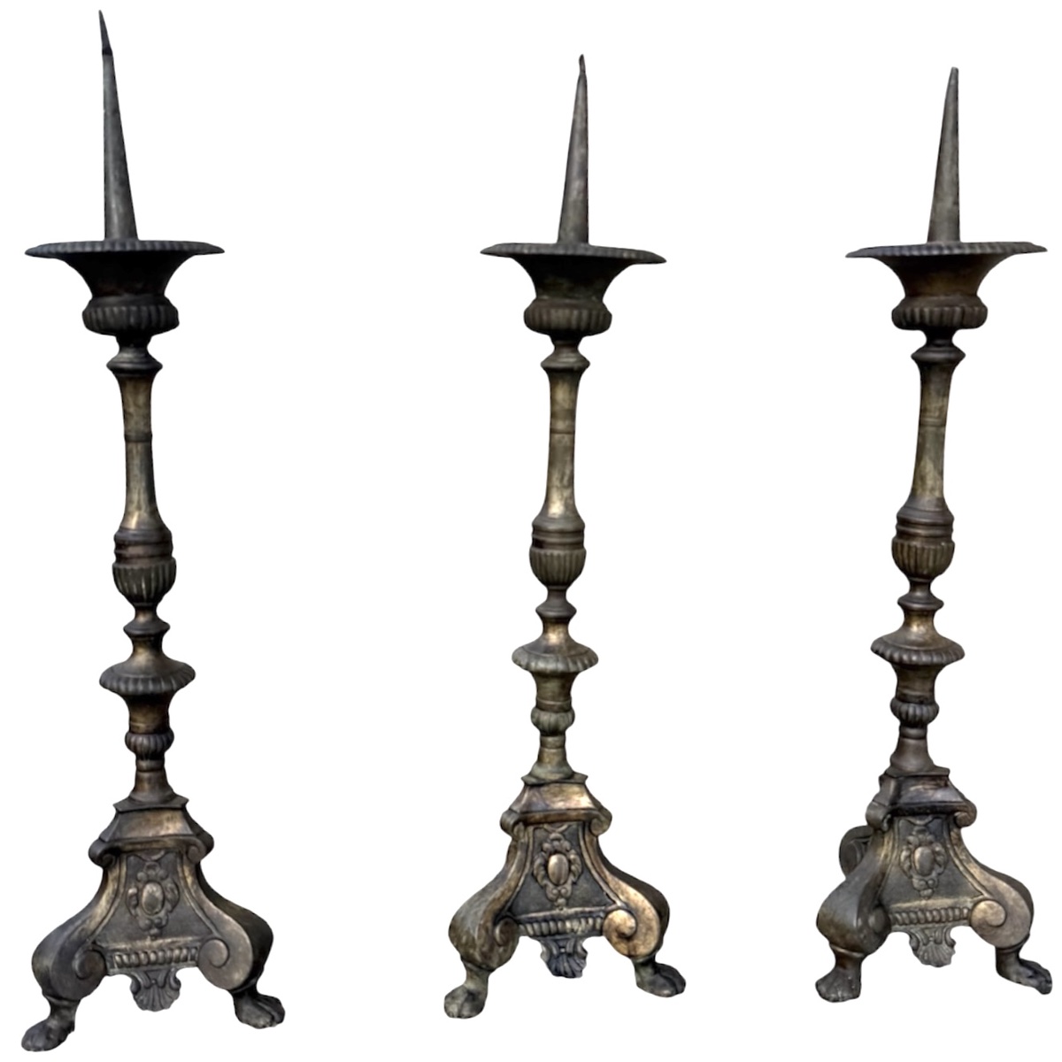 A Significant Set Of 3 Large Bronze Church Candlesticks - Baroque Style