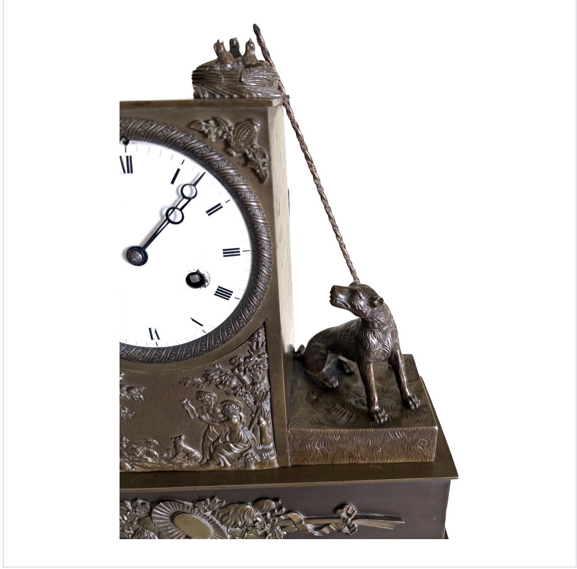 Pendule Empire / Restauration en bronze patiné “Le Berger et son Chien" (-photo-3