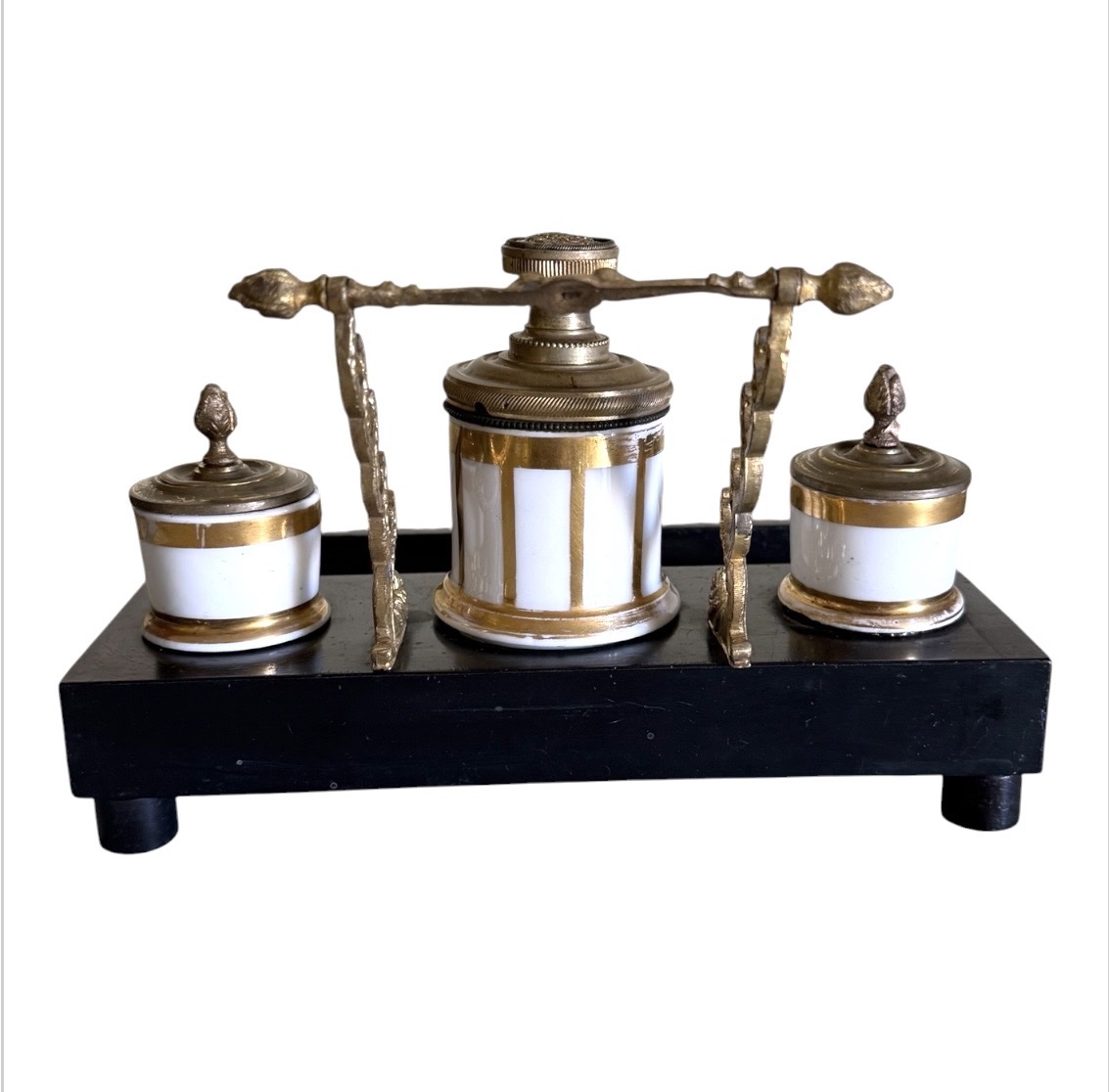 19th-century Pump-action Inkstand – Paris Porcelain, Bronze, And Blackened Wood-photo-2
