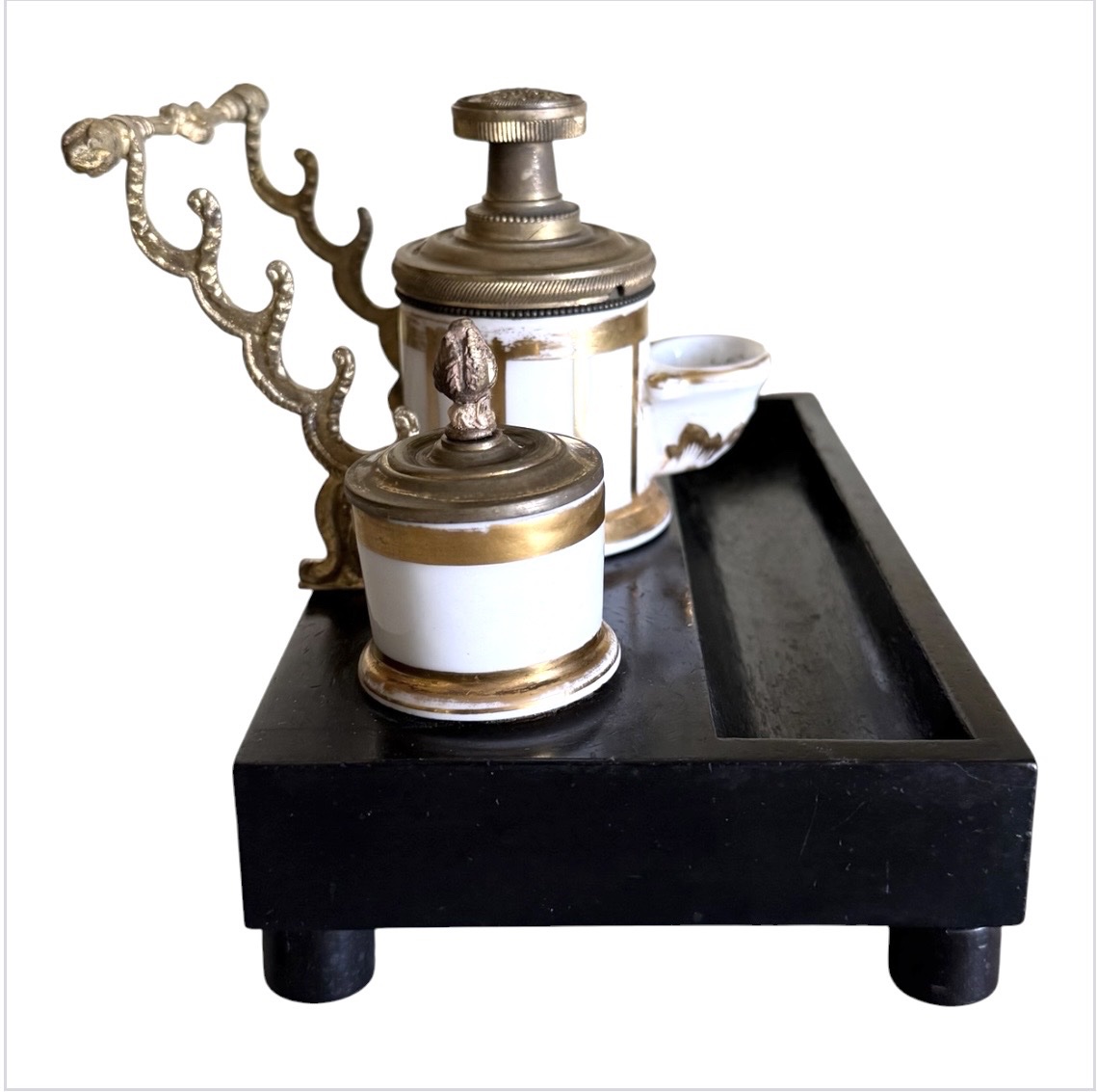  19th-century Pump-action Inkstand – Paris Porcelain, Bronze, And Blackened Wood-photo-4