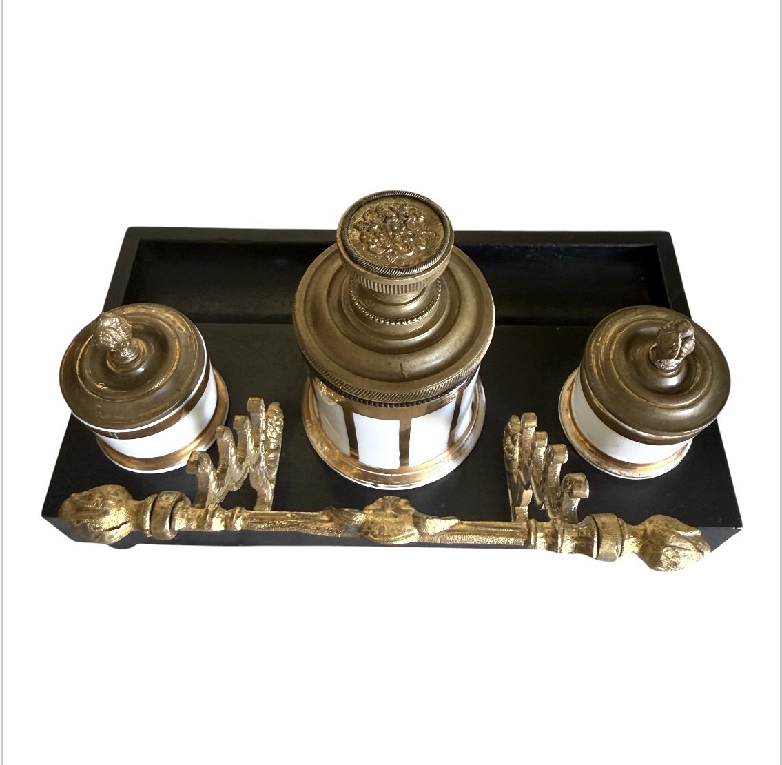  19th-century Pump-action Inkstand – Paris Porcelain, Bronze, And Blackened Wood-photo-2