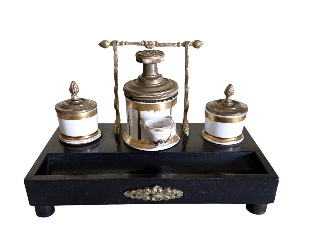  19th-century Pump-action Inkstand – Paris Porcelain, Bronze, And Blackened Wood