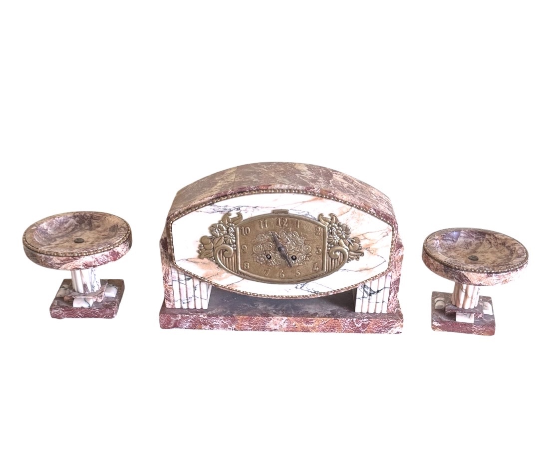 Garniture de Cheminée Art Déco en Marbre Rose & Bronze – Pendule + Cassolettes (1930)-photo-2