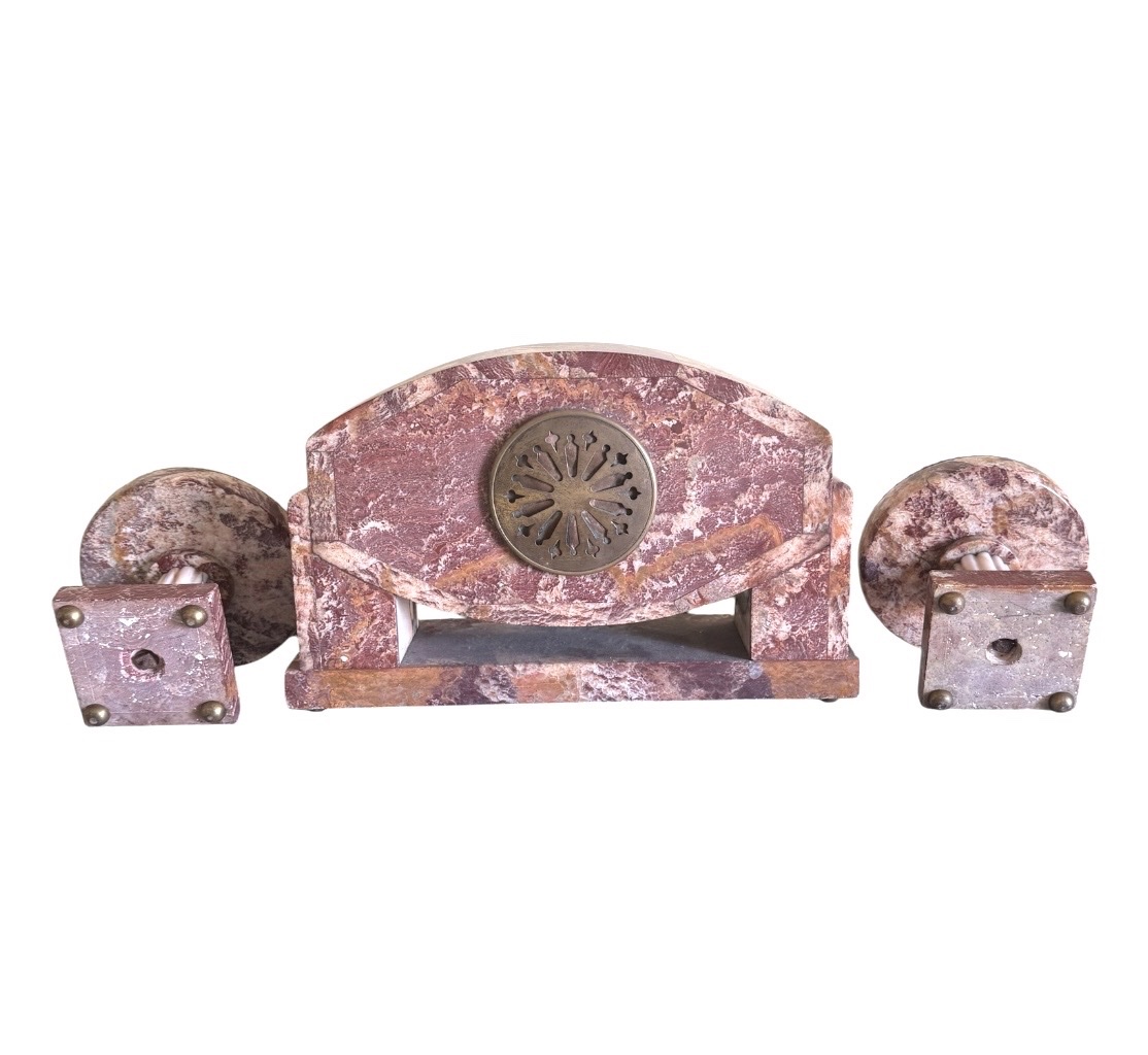 Garniture de Cheminée Art Déco en Marbre Rose & Bronze – Pendule + Cassolettes (1930)-photo-3