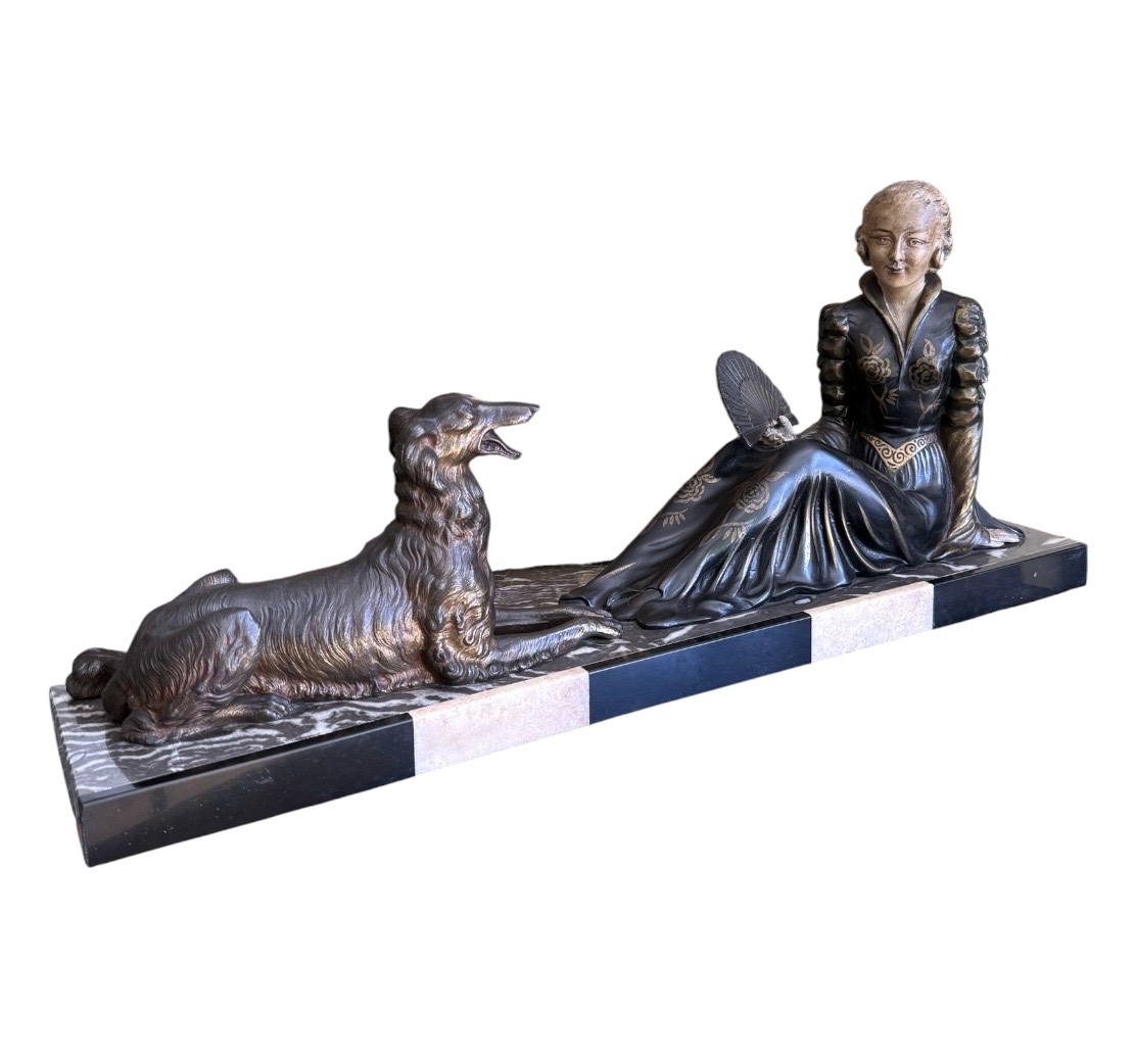 Sculpture Art Déco — Femme à l’éventail et lévrier russe (Barzoï)-photo-2
