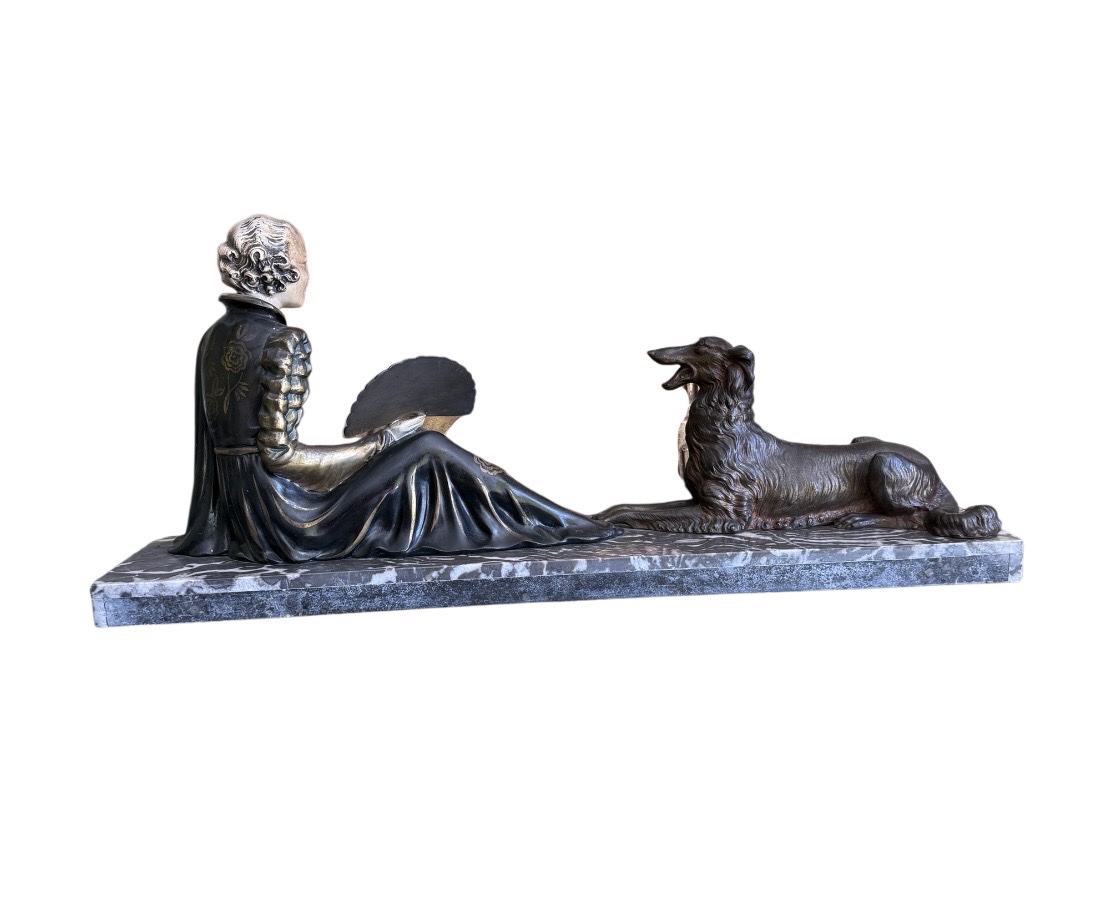 Sculpture Art Déco — Femme à l’éventail et lévrier russe (Barzoï)-photo-4