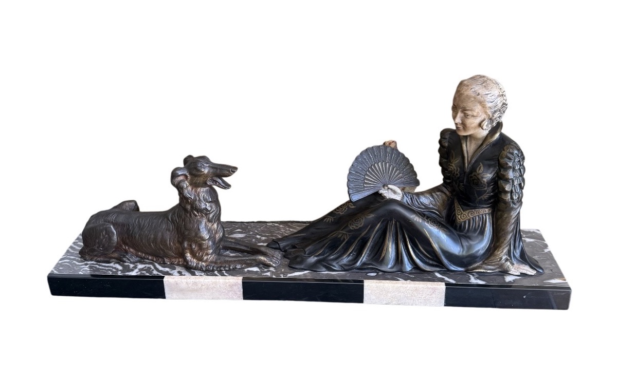 Sculpture Art Déco — Femme à l’éventail et lévrier russe (Barzoï)-photo-2