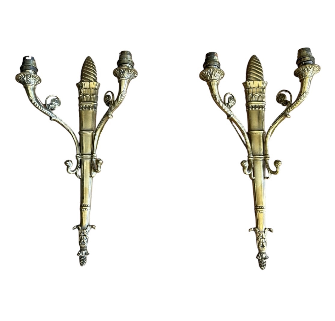 Paire d’appliques murales en bronze doré, style Empire/Néoclassique — motif carquois et torche-photo-2