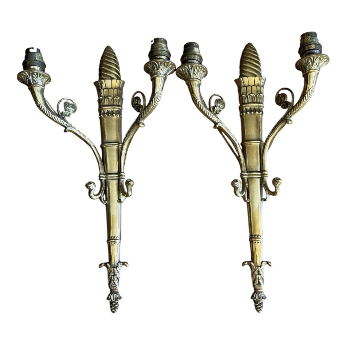 Paire d’appliques murales en bronze doré, style Empire/Néoclassique — motif carquois et torche-photo-3