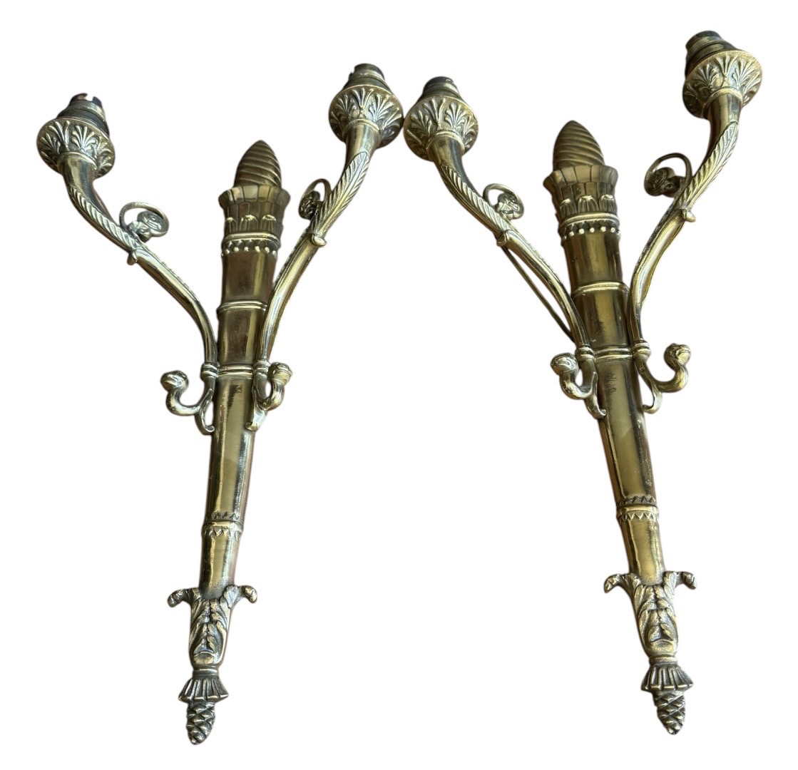 Paire d’appliques murales en bronze doré, style Empire/Néoclassique — motif carquois et torche-photo-2