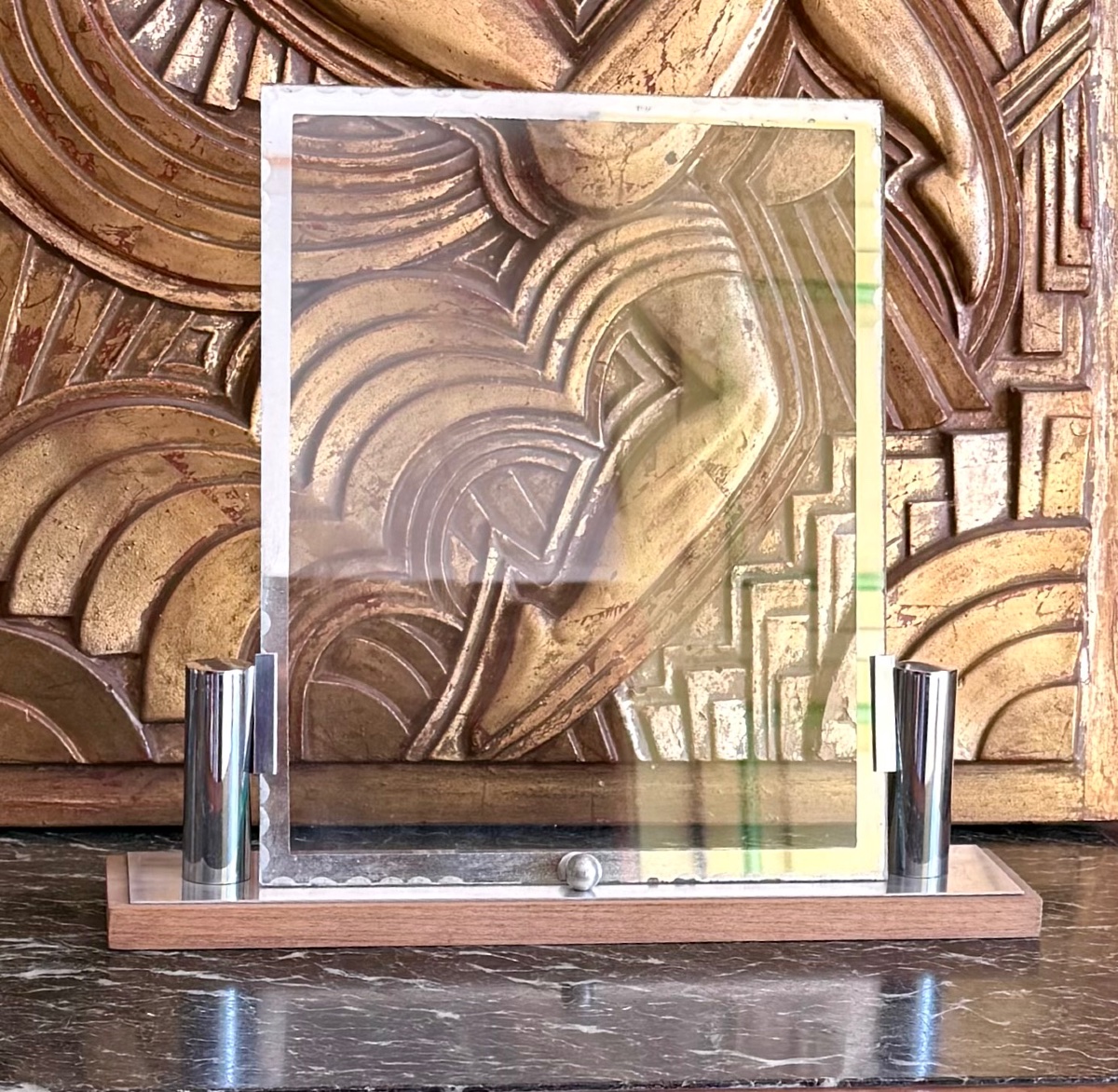 Large Art Deco Glass And Chrome Picture Frame On A Wooden Base-photo-2