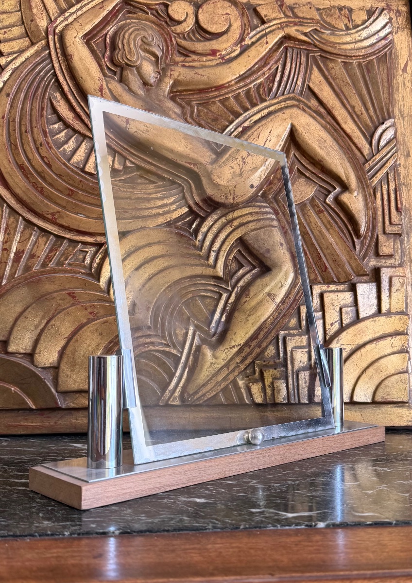 Large Art Deco Glass And Chrome Picture Frame On A Wooden Base-photo-4