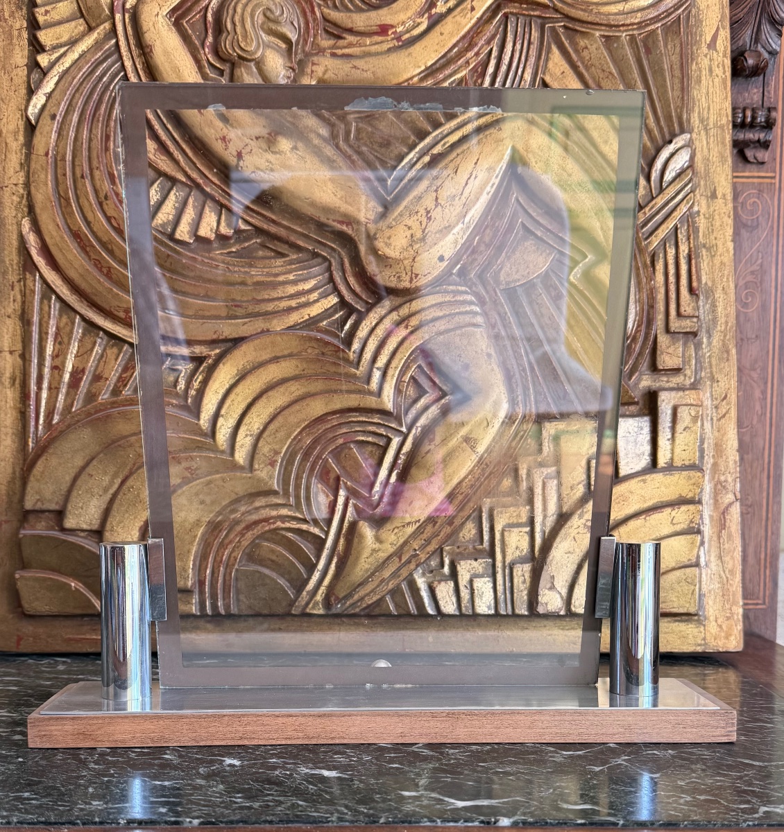 Large Art Deco Glass And Chrome Picture Frame On A Wooden Base-photo-1