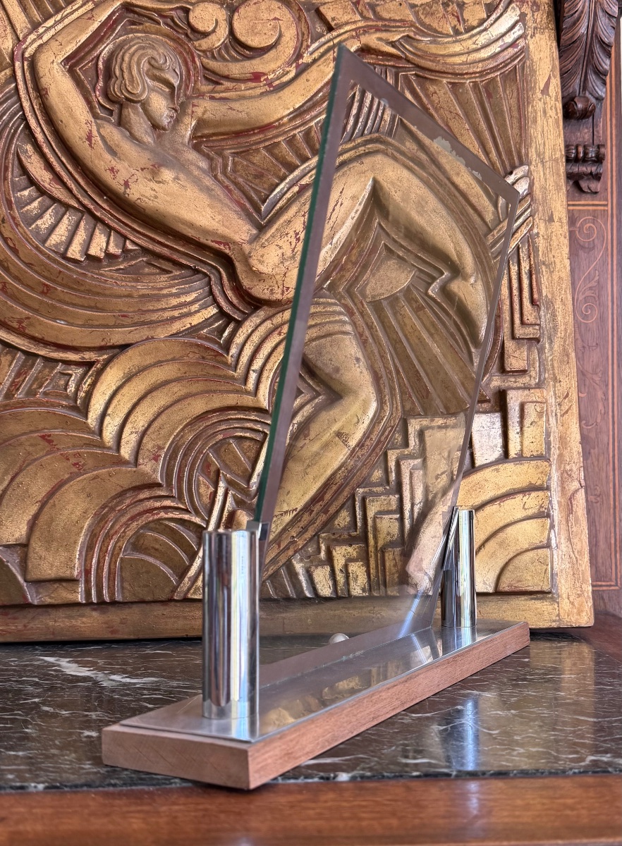 Large Art Deco Glass And Chrome Picture Frame On A Wooden Base-photo-2