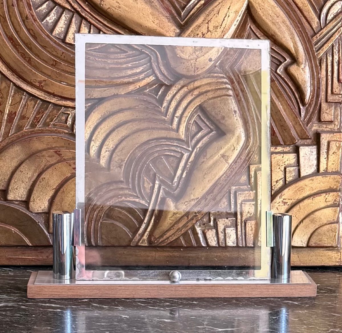 Large Art Deco Glass And Chrome Picture Frame On A Wooden Base