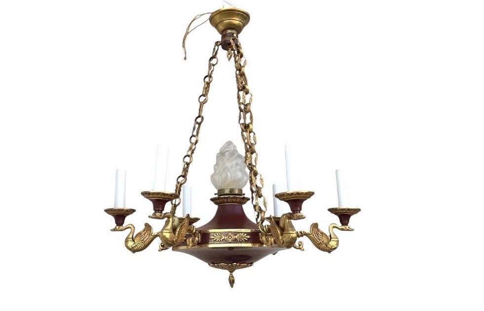 Antique-style Empire Chandelier In Gilded Bronze And Lacquered Sheet Metal With Swans