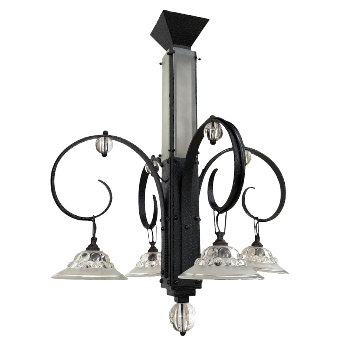 Lustre Art Déco en fer forgé martelé à 5 lumières