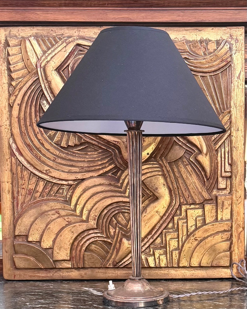 Lampe Art Déco en métal argenté — Fût cannelé & Abat-jour noir-photo-2