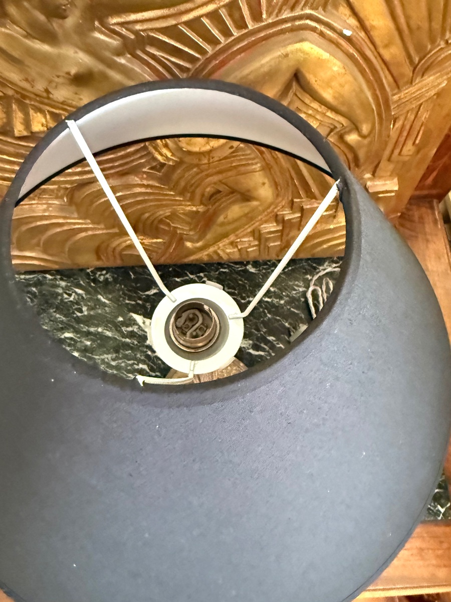 Lampe Art Déco en métal argenté — Fût cannelé & Abat-jour noir-photo-2