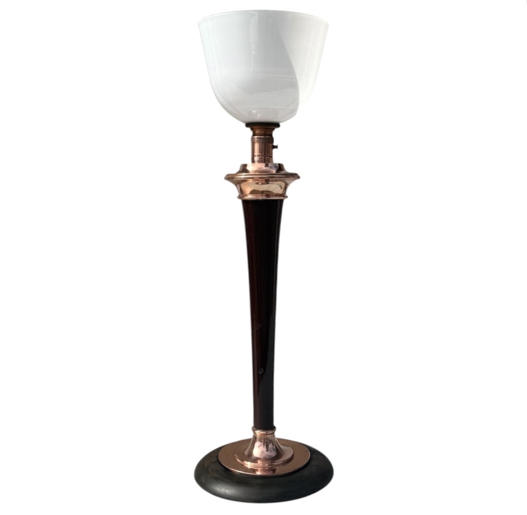 Lampe  Mazda Art Déco  bois laqué, et cuivre opaline -photo-2